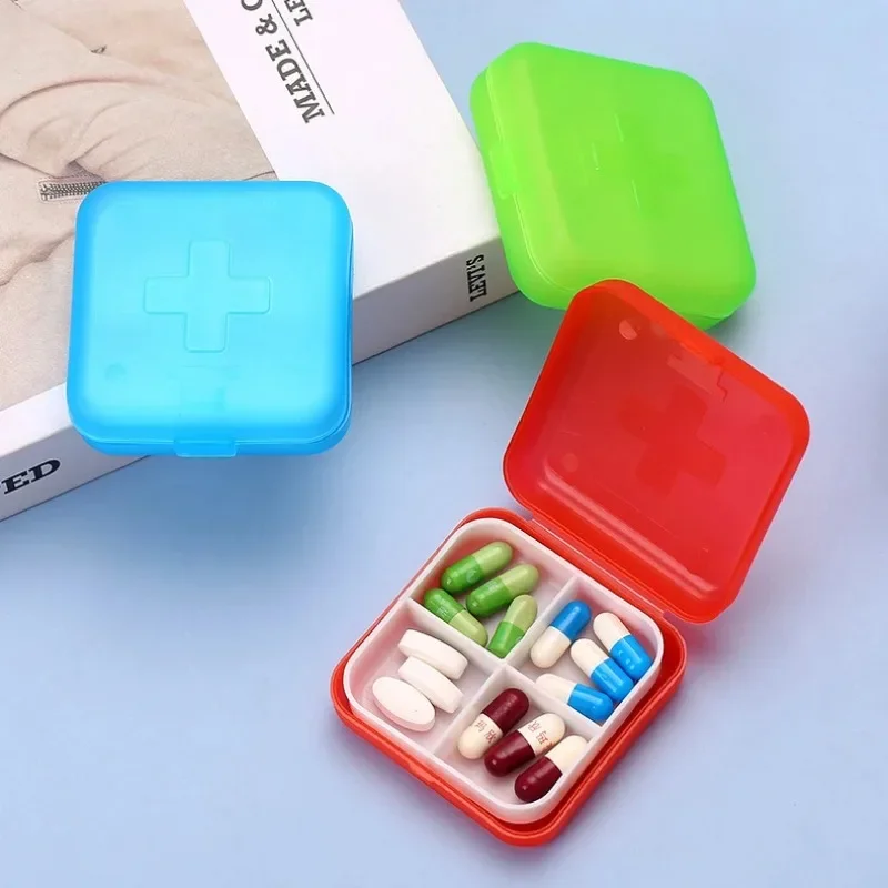 4Grids Cross Print Pill Box Portable Mini Plastic Pill Storage Pure Color Pocket Medicine Box Outdoor Home Pill Case