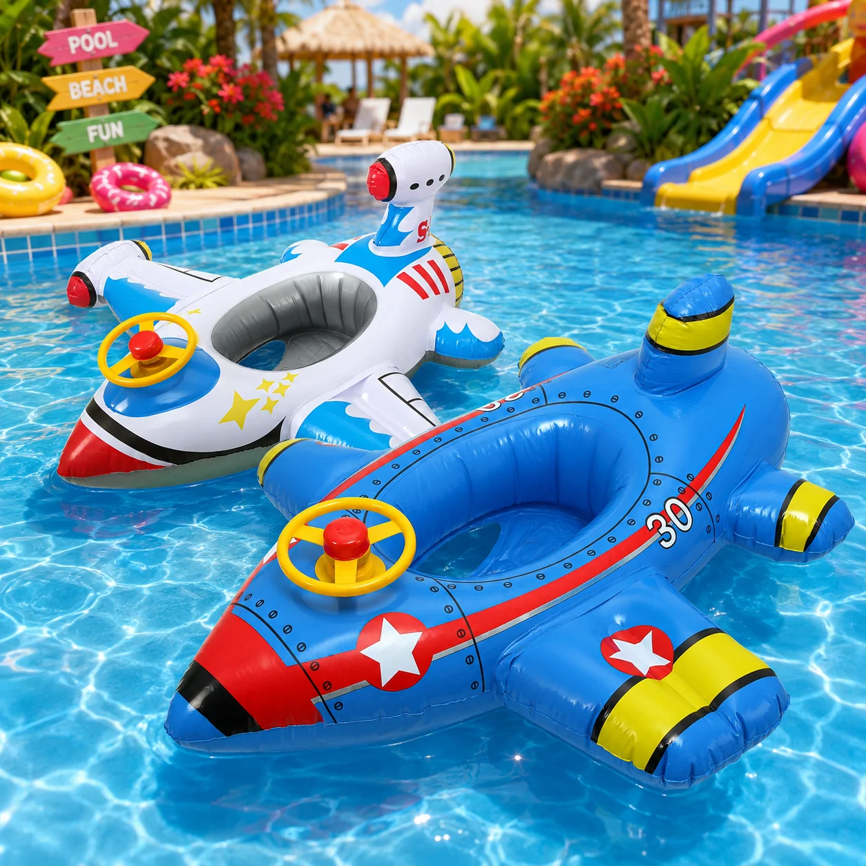 1pcInflatable Pool Float Airplane Water Seat Ring with Canopy Sun Shade Lounge Chair Swim Float Raft with Steering Wheel Handles