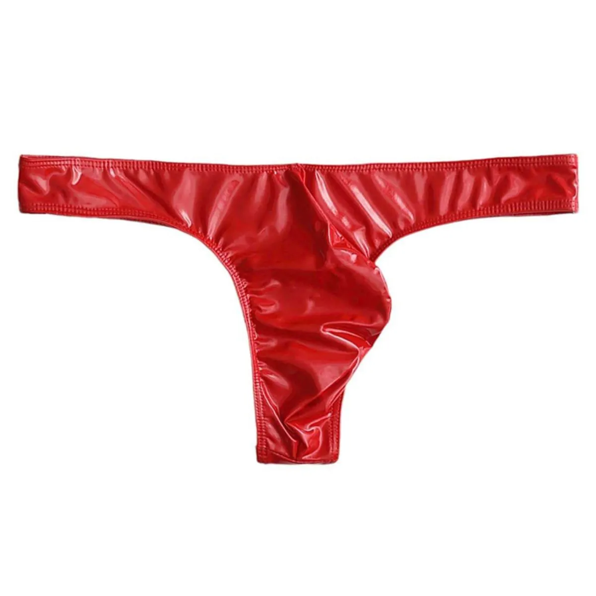 Men Wide Waistband Shiny Faux Leather Thong Low Rise Butt Revealing Elastic U Pouch Sexy T-back Underwear