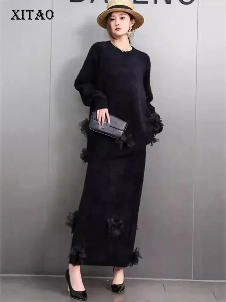 

XITAO Loose Flower Knitting Dress Sets Elegant Temperament All-match Top Women Simple Casual Elastic Waist Skirt GMM1293