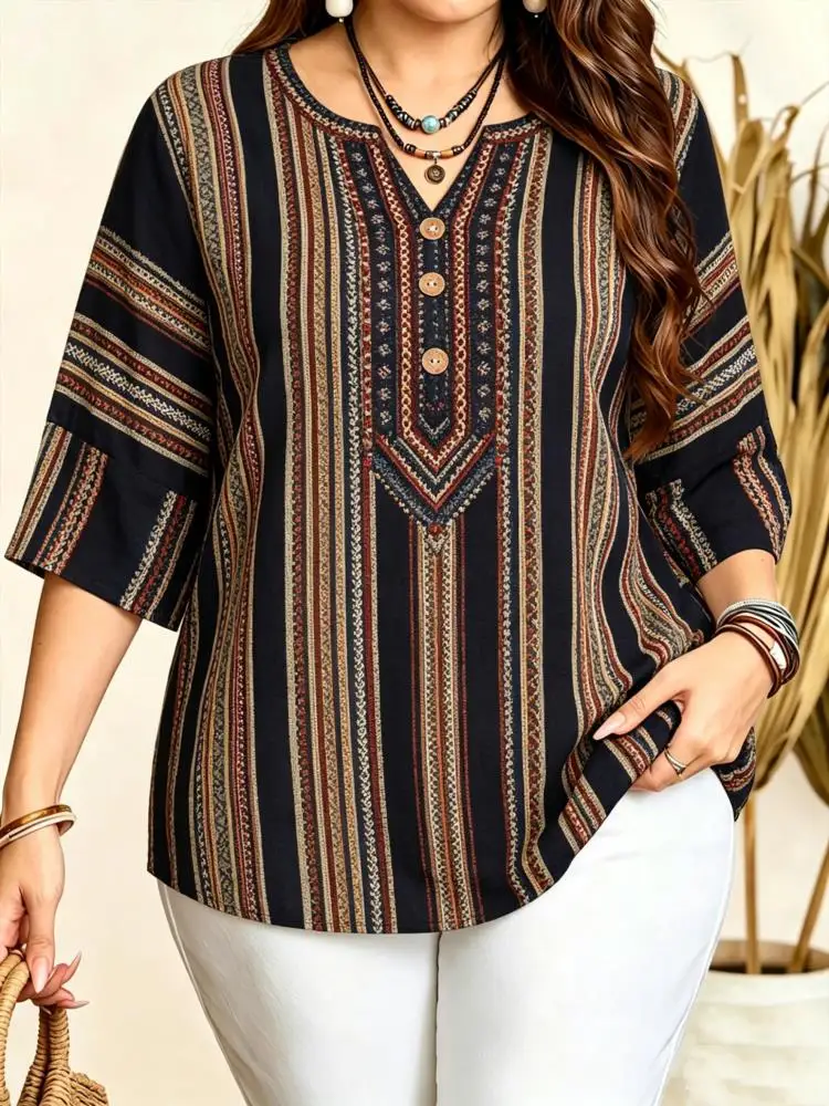 Women 3/4 Sleeve Notch V Neck Blouse Boho Ethnic Geometric Animal Print Wooden Button Loose Daily Top
