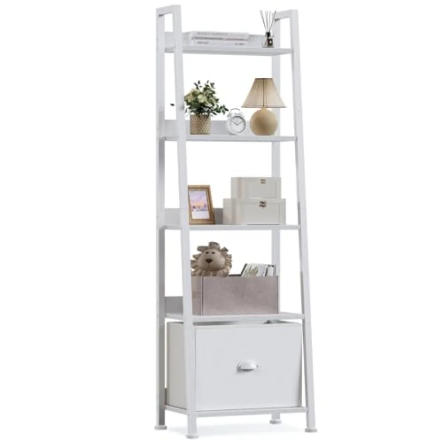 

5-Tier White Ladder Shelf with Removable Drawer Modern Wood Metal Freestanding Bookcase Storage Rack for Living Room Home Offic
