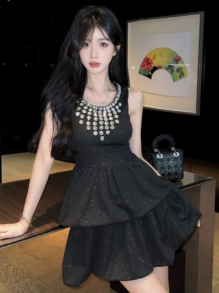 

Elegant Heavy Drill Short Puffy Skirt Women's Spring Summer New Sweet Temperament Dress High Waist Frock for Casual Wear