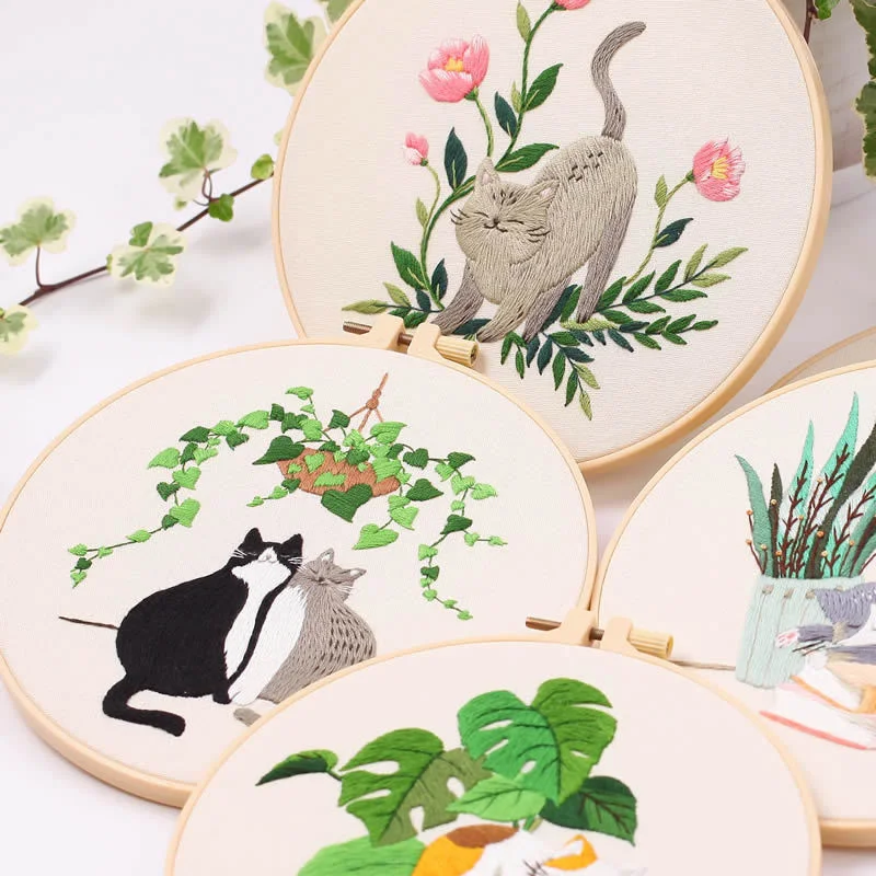 DIY Embroidery Kit Cat Plant Printed Pattern Beginner Cross Stitch Set Needlework Hoop Handmade Sewing Hobby Kits