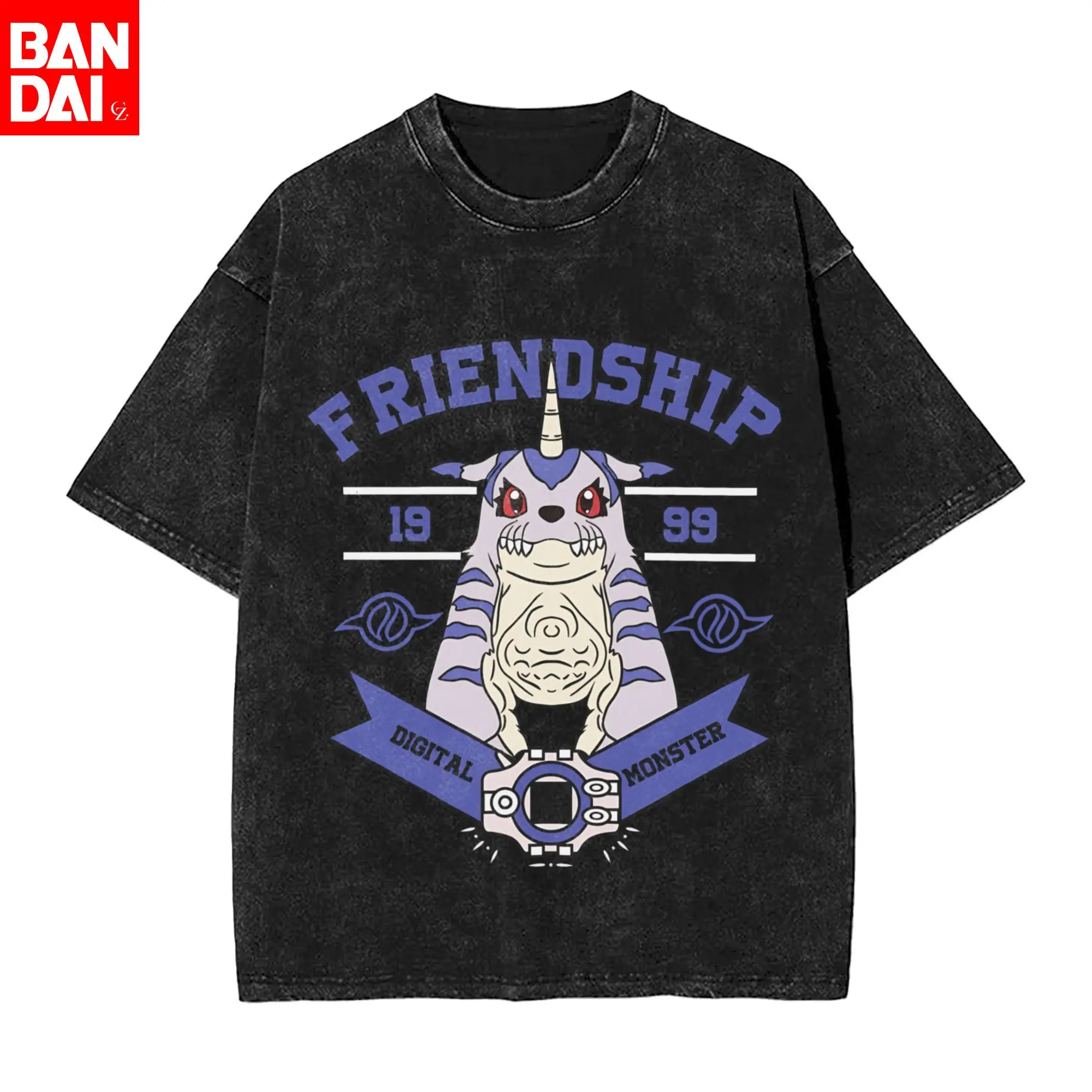 

Digimon Adventure Gabumon Friendship Crest Vintage Washed Oversized T Shirt 2026 Summer Men Cotton Streetwear