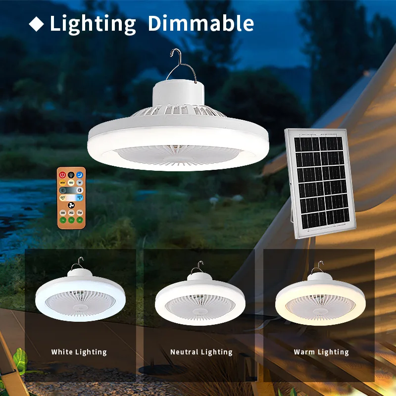 Solar Rechargeable Fan Light, Portable Outdoor Camping Fan Lamp with Stand, 3 Speeds/Modes Desk Light for Tent, USB Fan Light