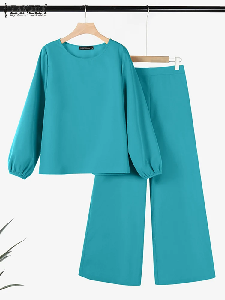 

ZANZEA Wide Leg Pant 2025 Spring Pant Sets Women Casual Loose Lantern Sleeve Blouse 2pcs Outfits Solid Color Daily Wear Suits