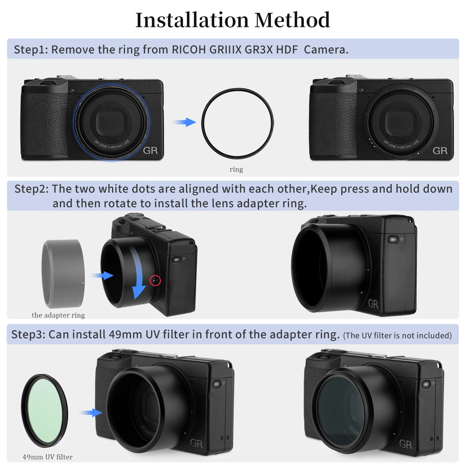 Переходное кольцо фильтра объектива Haoge LAR-GR3X для цифровой камеры RICOH GR3X GRIIIX HDF для широкоугольного объектива GT-2 GW4 заменяет GA-2