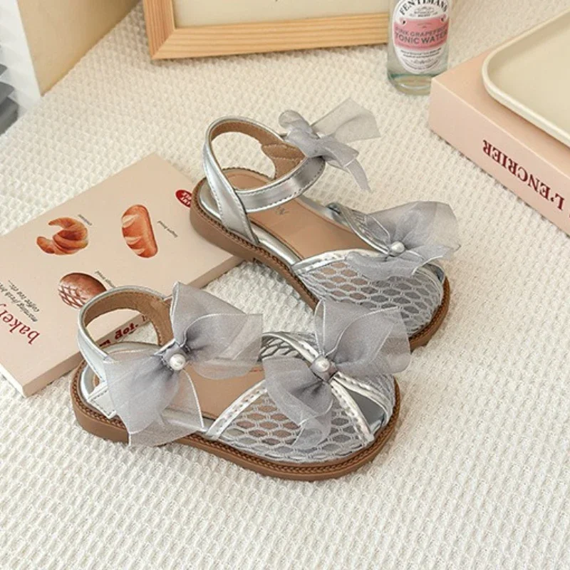 

Children Casual Sandals for Girls 2025 Summer New Fashion Korean Style Soft Bottom Non-slip Princess Bowtie Cut-outs Cool Shoes