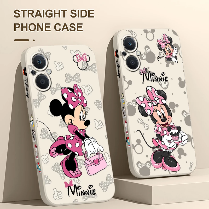 

Disney Cute Minnie Pink For OPPO Find X5 X3 X2 Lite Pro Neo A5 A53 A94 4G 5G Liquid Left Rope Soft Phone Case Cover