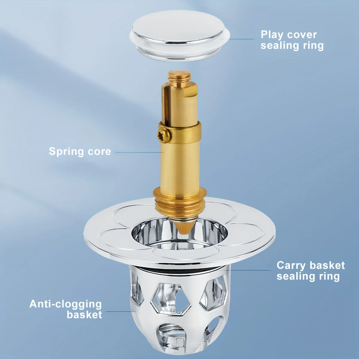 سدادة حوض الحمام من الفولاذ المقاوم للصدأ مع سلة التقاط الشعر المضادة للانسداد - فلتر تصريف منبثق من نوع الدفع السهل