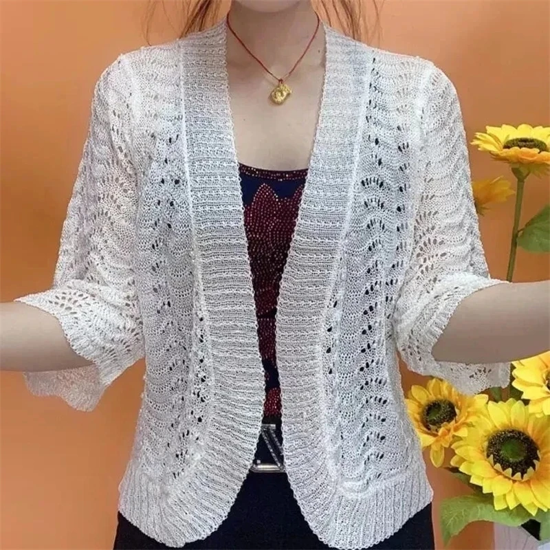 2023 Spring Summer New Ice Silk Knit Cardigan Women Coats Middle-Aged Mothers Solid Color Shawl Hollow Sunscreen Coat Female Top