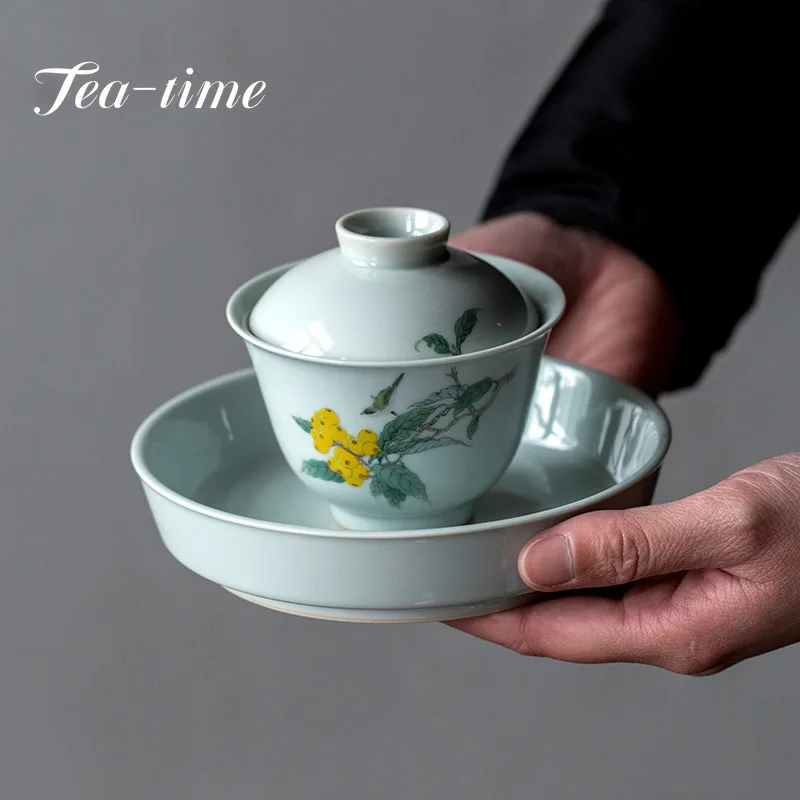 

150ml Antique Cyan Ceramic Tea Tureen Hand-painted Loquat Art Tea Bowl Tea Bowl with Pot Bearing Tea Maker Gaiwan with Gift Box