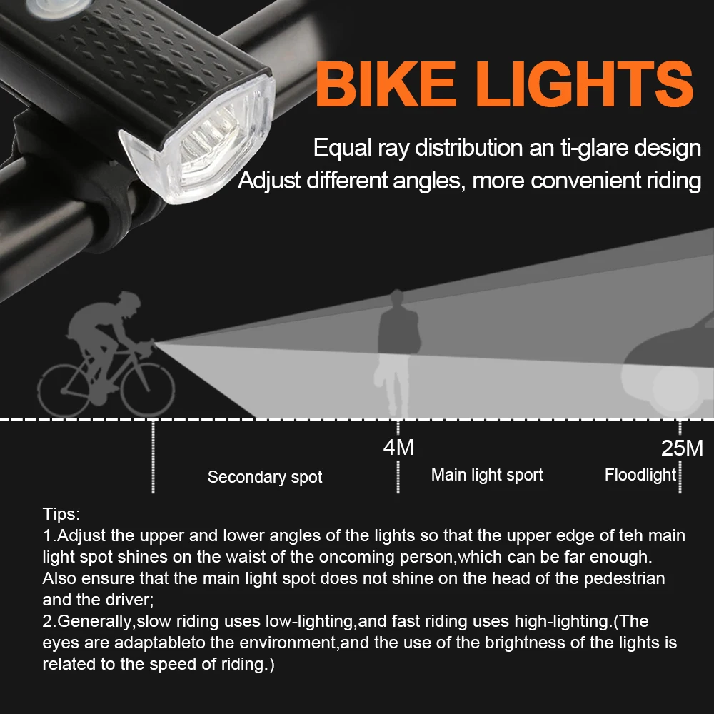 USB Rechargeable Bike Light Set Front Light with Taillight Easy to Install 3 Modes Bicycle Accessories for the Bicycle