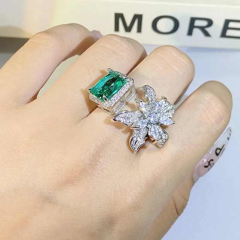 Cute Female Green Crystal Stone Ring Charm Upscale 925 Sterling Silver Wedding Rings for Women Dainty Bride Flower Zircon Ring