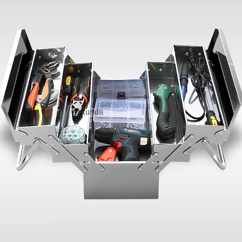 กล่องเครื่องมือกล่องเก็บสแตนเลสหลายชั้นฮาร์ดแวร์ในครัวเรือนกล่องเหล็กพร้อมล็อคกล่องเครื่องมือรถพับ