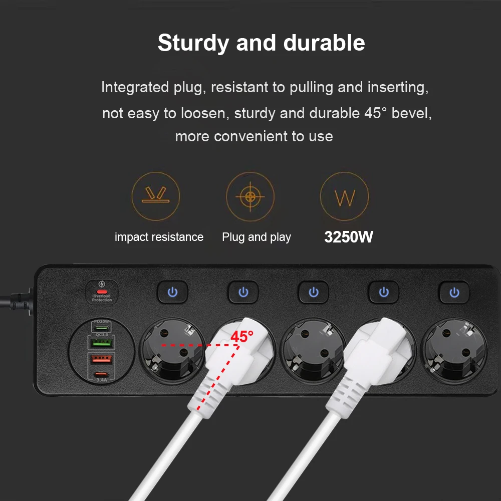 Power Strip with Extension Cable PD QC3.0 USB Fast Charger Smart Home Socket Overload Protection with Independent control switch