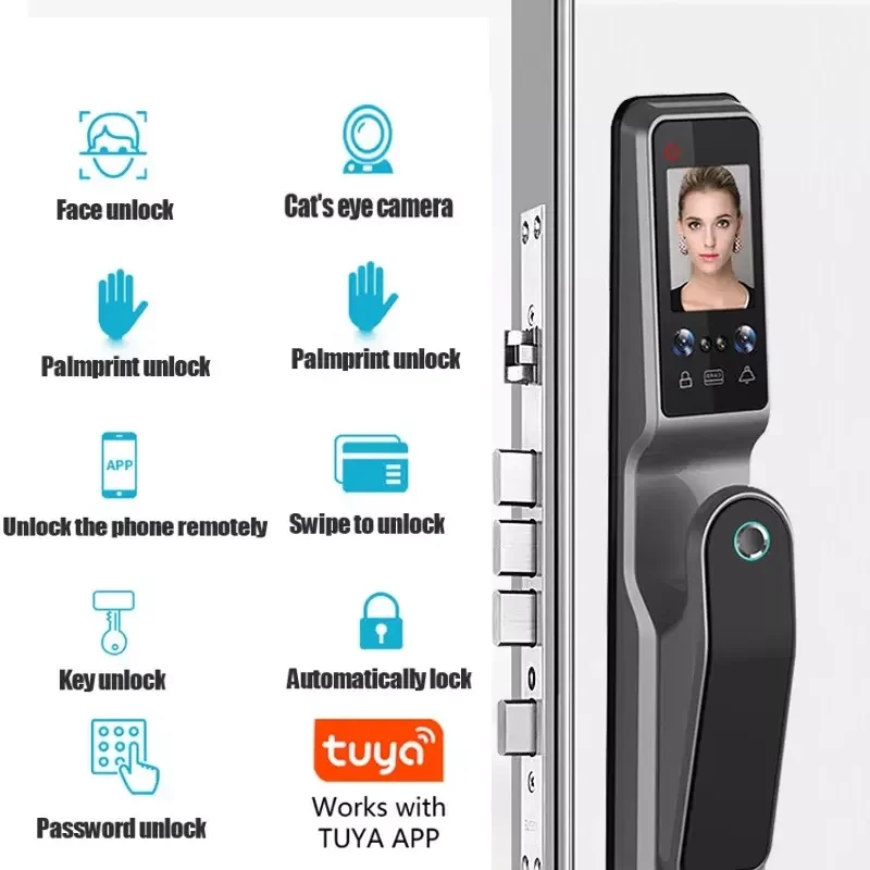 100 Face TUYA WIFI Remote Unlock 3D Face Recognition Smart Door Lock With Camera Fingerprint Palm Print Swip Card Password Key