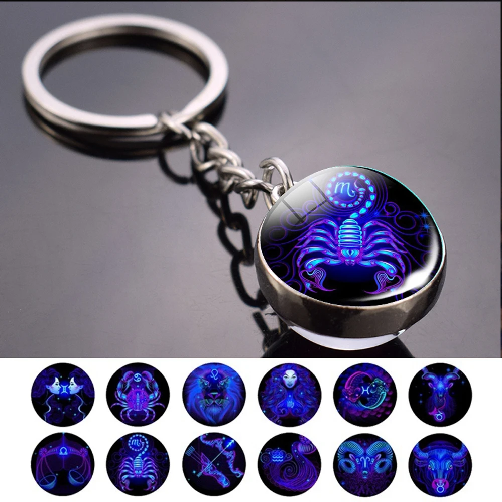 

1PC Glowing 12 Zodiac Signs Keychains Retro Twelve Constellations Cabochon Glass Ball Pendant Keyring For Gift