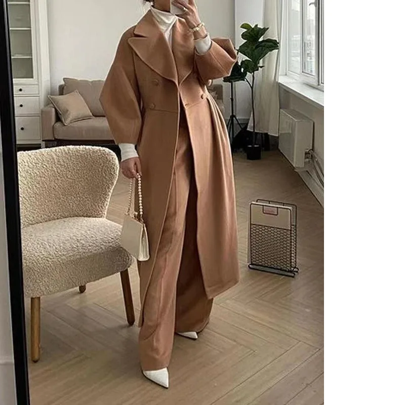 

Women Autumn/winter Elegant Slim-fit Lapel Lantern Sleeve Double Breasted Christmas Long Coat Women's Warm Sexy Wool Party Coat