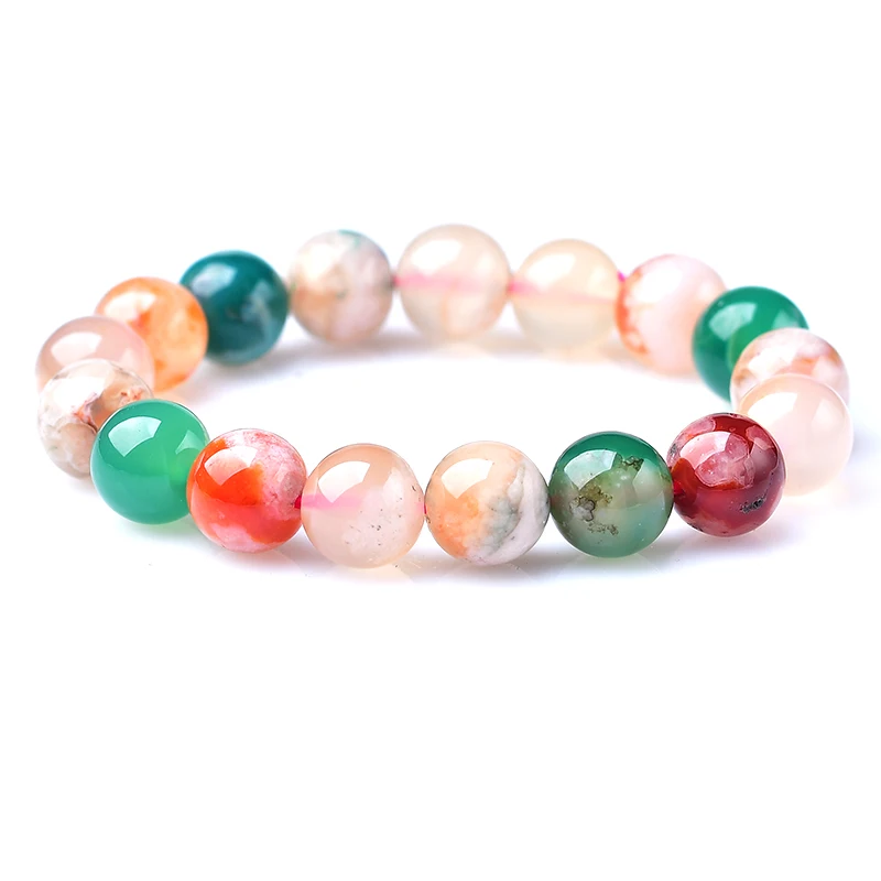 12mm Natural Cherry blossom agate bracelet Healing Stone Colourful Beads Hand String Women Agate Bracelet Jade Hand String Gifts