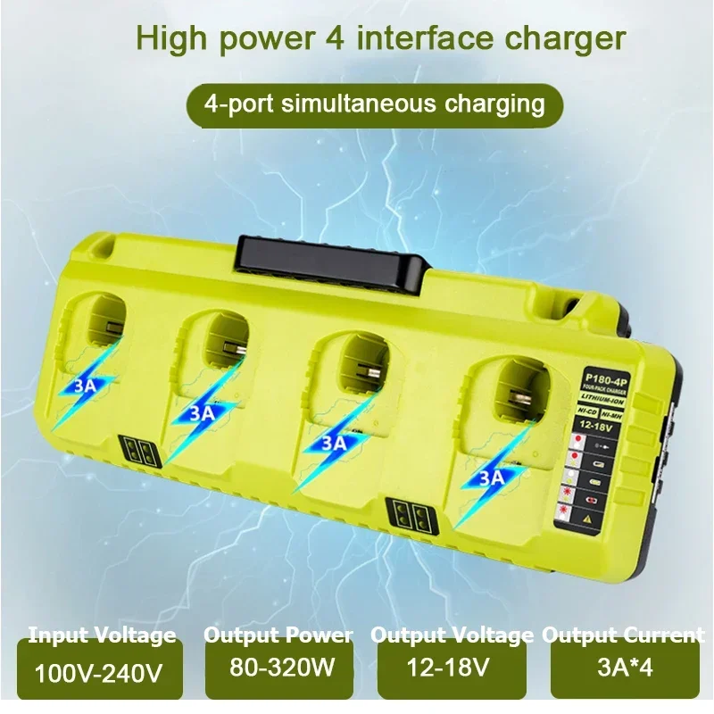 For Ryobi Replacement Charger for Ryobi Ni-CD Ni-MH Li-ion 12V 14.4V 18V Battery P107 P108 P108 ONE+ P110 fast charging 3A*4