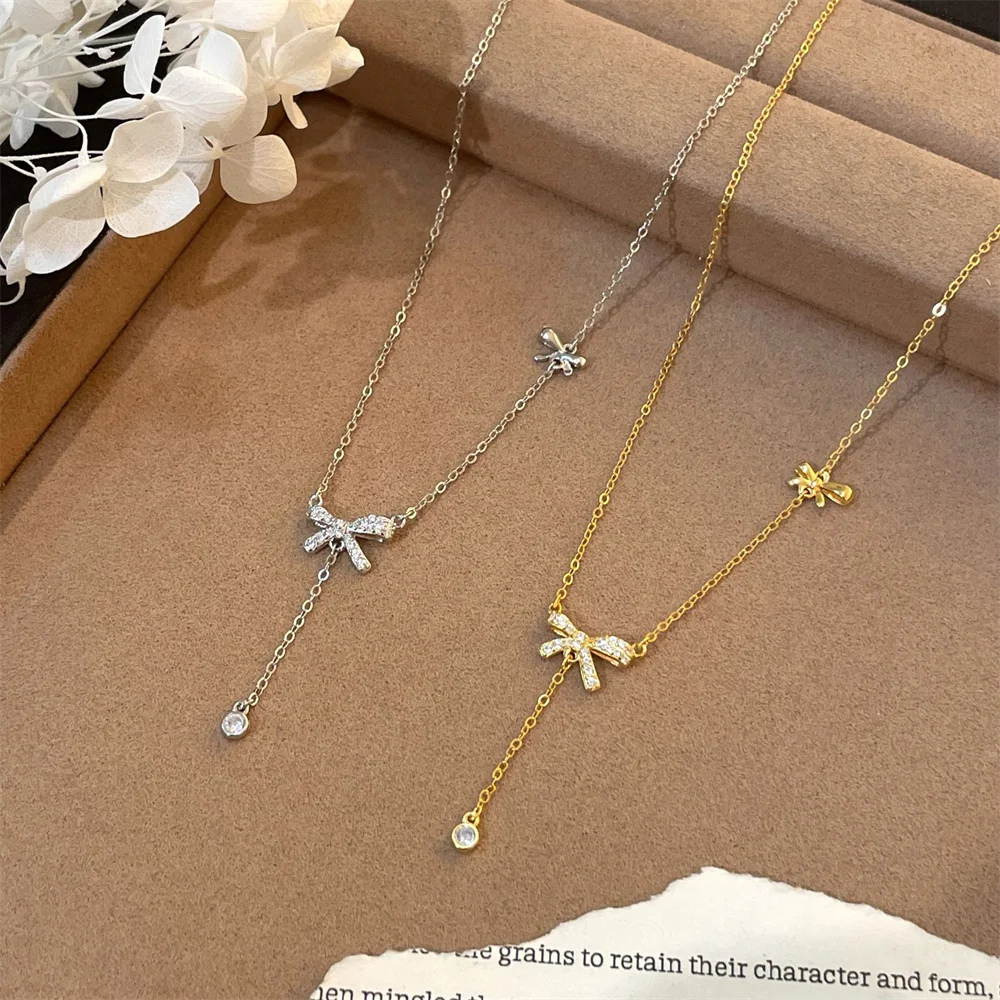 

Ожерелье с бантом из стерлингового серебра 925 пробы, позолоченное 18 карат, корейская ниша, кулон с кисточкой, ювелирные изделия на ключицу