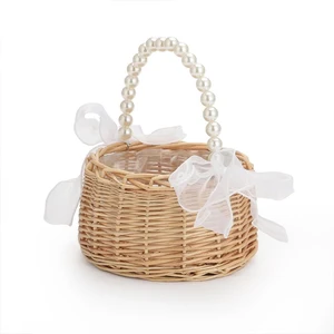 Vime Rattan Blumenkorb mit Perlengriff und Bug, Handstoff Osterkorb für Hochzeiten, braun, einer 7 Hauptverkäufe Pascoa -Körbe - №1