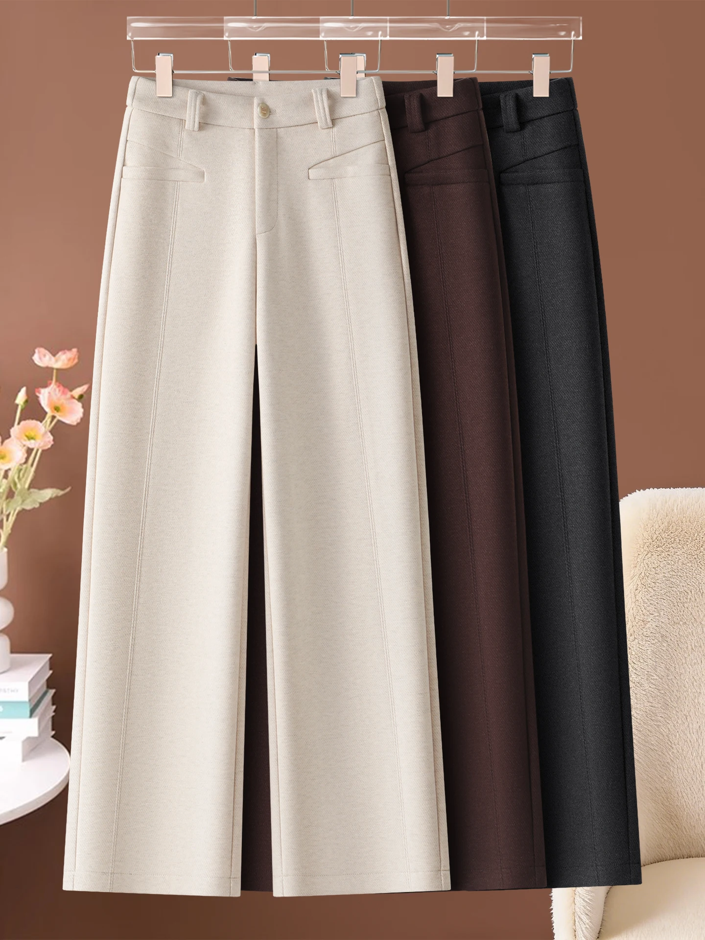

Женские широкие брюки Slim Fit: новые, мягкие, уютные, с высокой талией, струящиеся, стройнящие, повседневные, прямые, осенне-зимние, модель «Рисовая лапша»