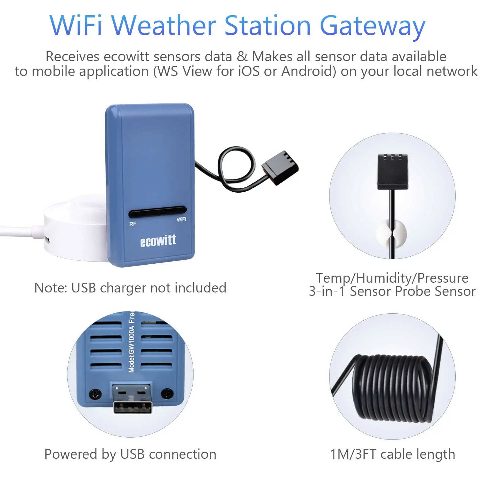 Ecowitt GW1106 Bodenfeuchtigkeitsmonitor mit WiFi-Wetterstation, Gateway, Pflanzenwassermonitor, Bodenhygrometer-Sensor für den Garten