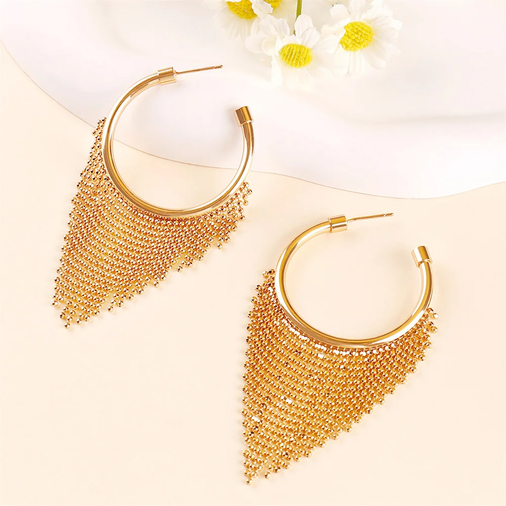 Fashion Circular 2024 Ear Jewelry Tassel Pendientes Modern Trending New Charm 1 Pair Of Women\'S Stylish Copper Fringe Earrings