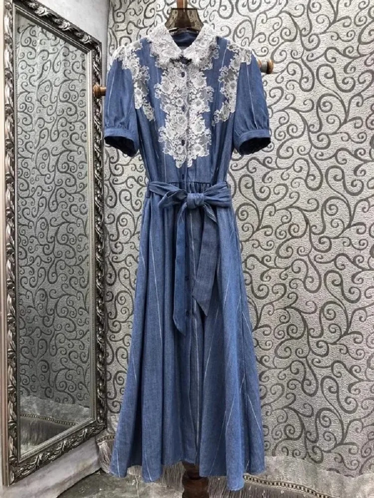 High Quality Denim Dress 2024 Summer Fashion Design Women White Lace Patchwork Short Sleeve Mid-Calf Length Blue Jeans Dress