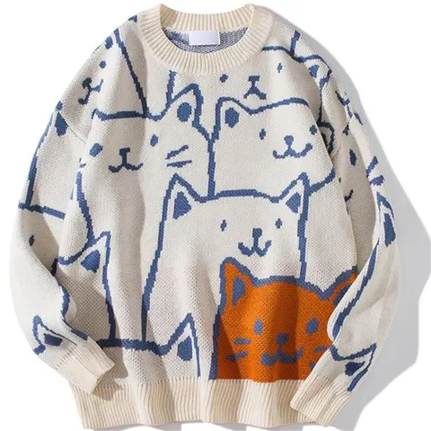 Cartoon Katze Gestrickte Pullover Männer Japanischen Retro Harajuku Strickwaren Pullover Herbst Winter Jumper Stricken Übergroßen Vintage Pullover