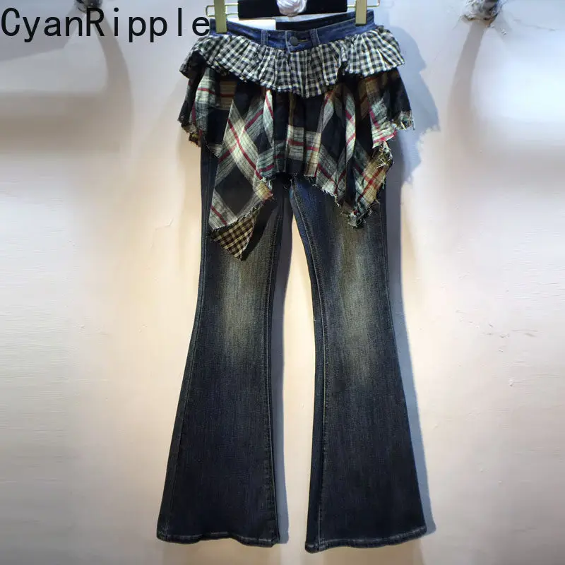 

Джинсы-клеш с высокой талией, новинка весна-лето, элегантные, с клетчатыми вставками, стрейч, облегающие, длиной в пол