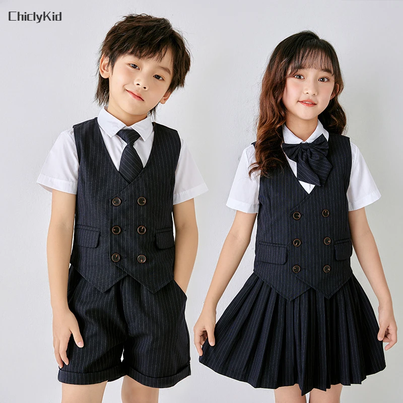 Boys Summer School Uniform Vest Shirt Shorts Girls Waistcoat Skirts Kids Kindergarten Dress Clothes Sets Child Students Outfits