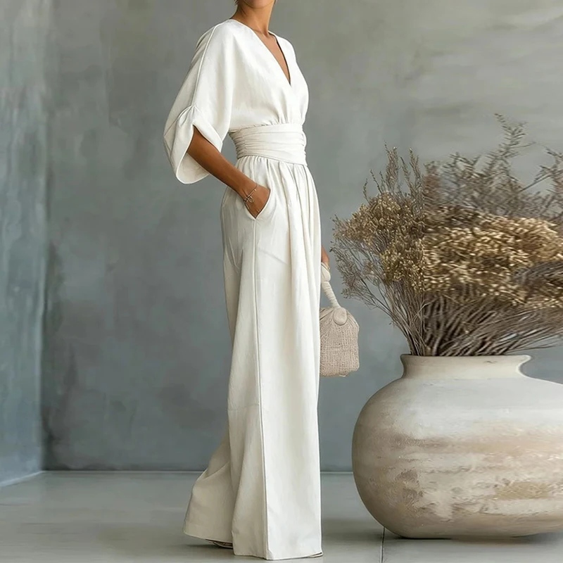 

Модный летний комбинезон в стиле OL с коротким рукавом и V-образным вырезом, женский повседневный комбинезон с широкими штанинами, ромпер для женщин