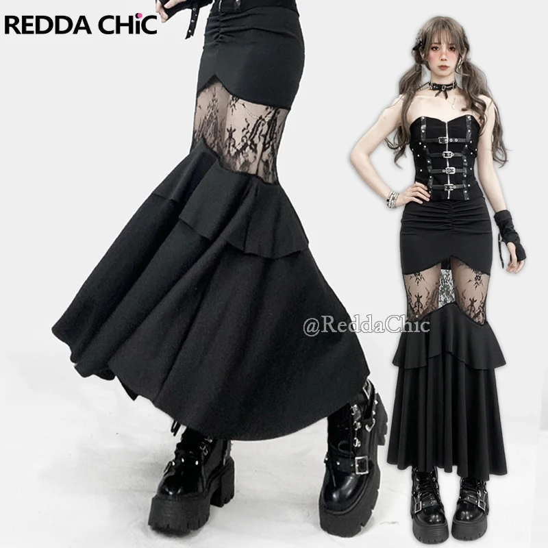 REDDACHiC Stitching Floral Lace Bodycon Skirt Women Hollow Out Ruffle Flowy High Rise Mermaid Maxi Long Skirt Alt Gothic Clothes