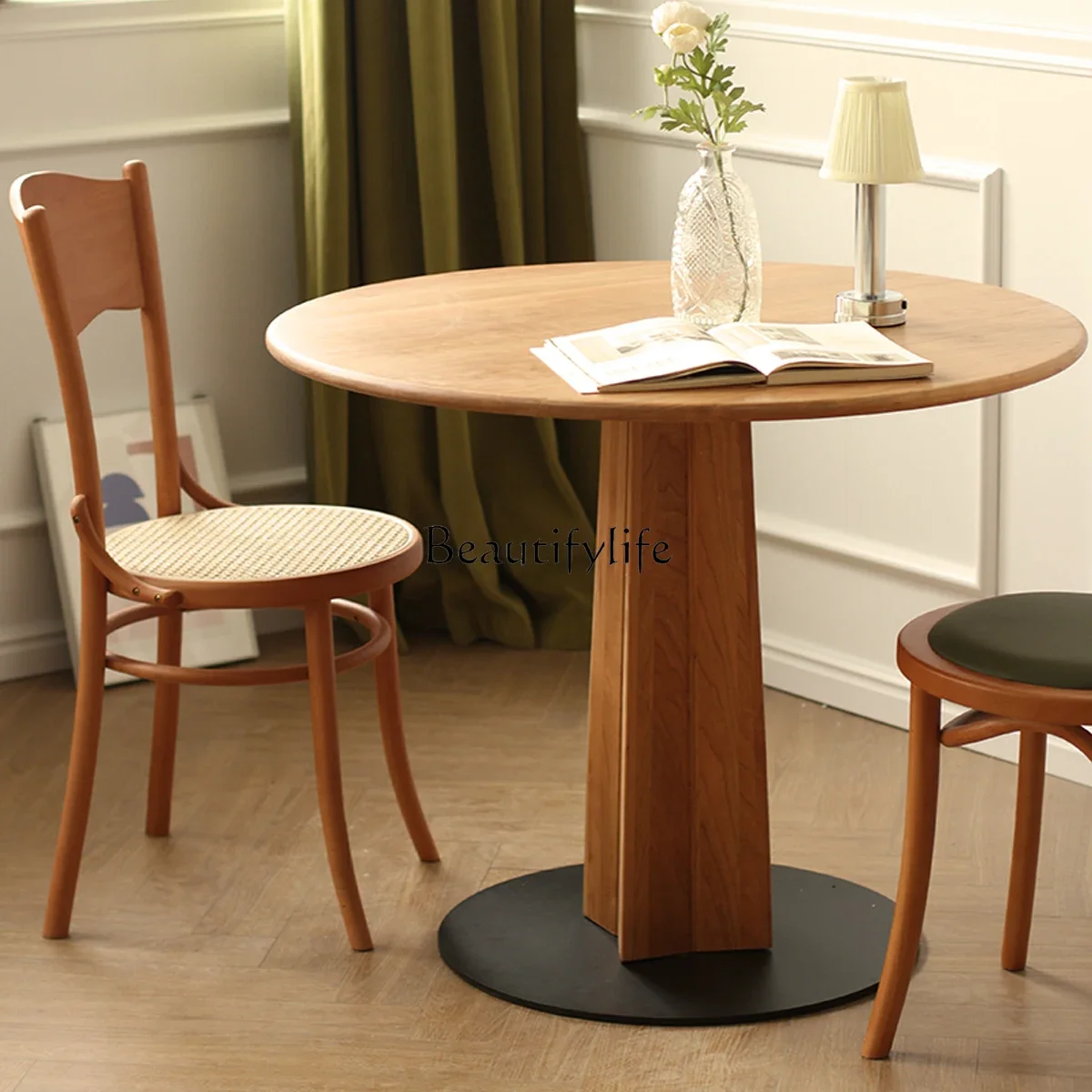 

Nordic round retro dining table living room solid wood home cherry wood Japanese dining table