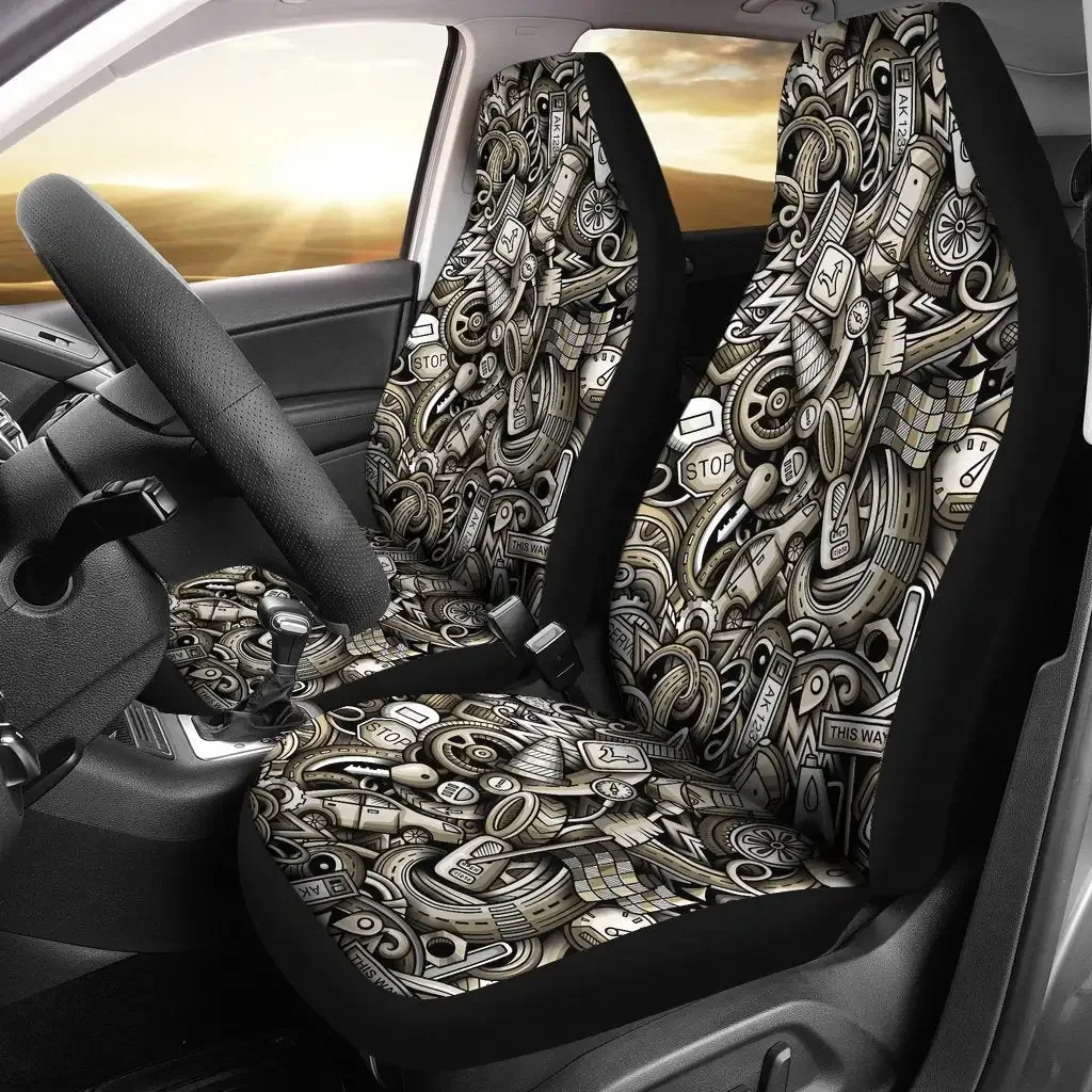 Pattern Print Mechanic Seat Cover Car Seat Covers Set 2 Pc, Car Accessories Car Mats