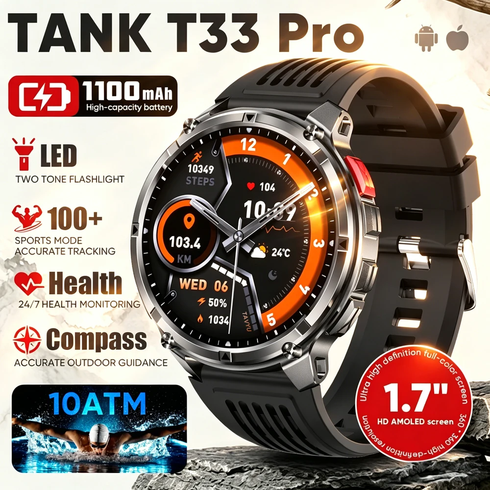 

Hot New T33 Ultra Military Smart Watch Men 1.7" Large Screen Bluetooth Call Outdoor Flashlight Compass IP69K Waterproof Bracelet