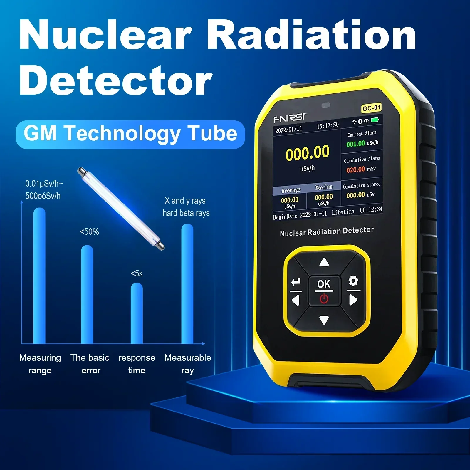 FNIRSI GC-01 Geiger Counter Nuclear Radiation Detector Personal Dosimeter X-ray γ-ray β-ray Radioactivity Test Marble Detector