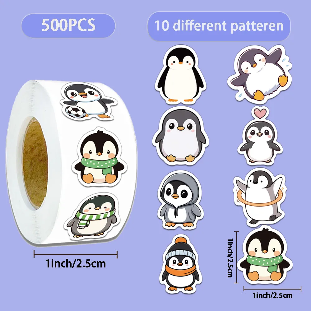 500 Uds. Rollo de dibujos animados de pingüino creativo, adhesivo de sellado para sobres, funda de teléfono, pegatinas decorativas para vasos de agua