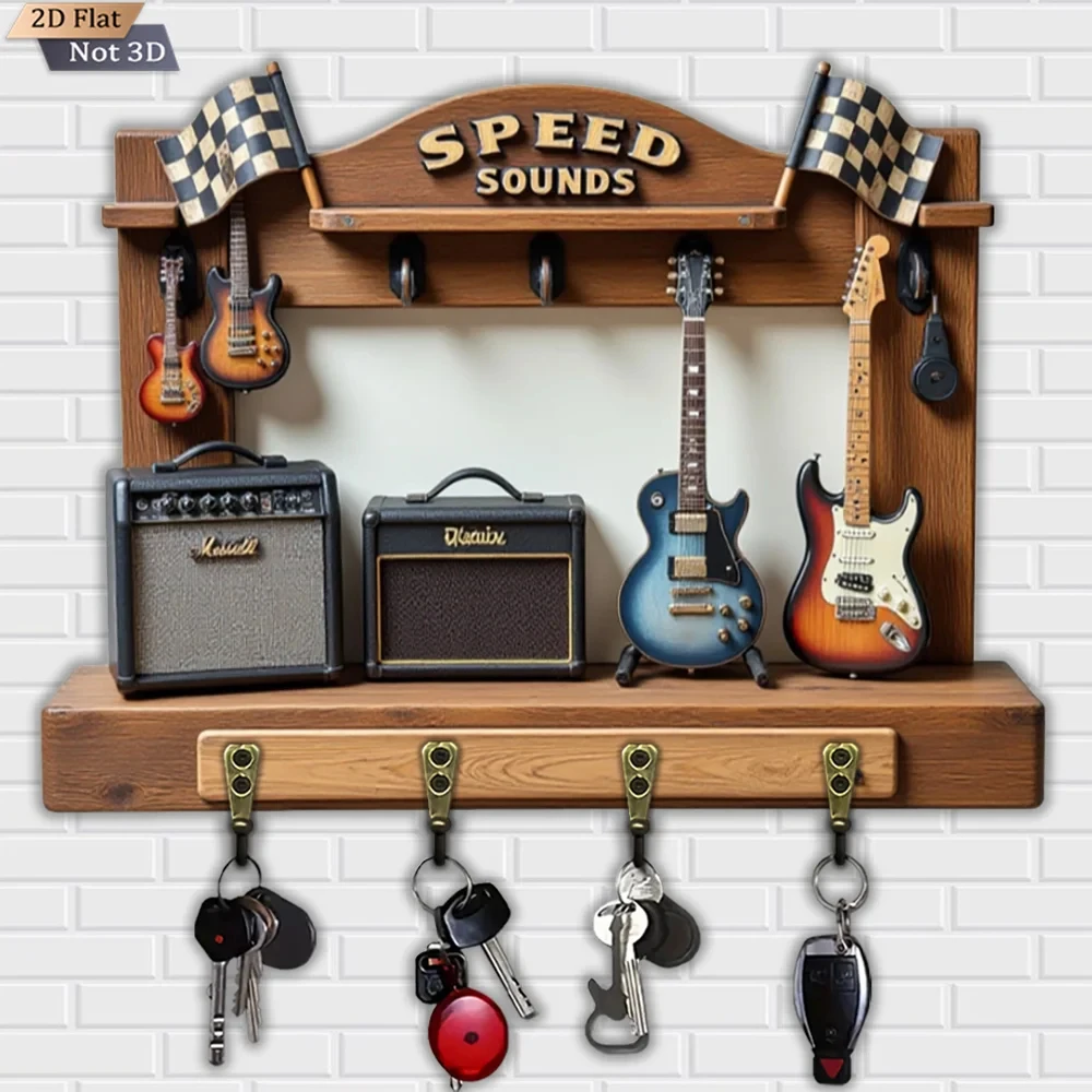 2D Flat, 1pc, Rock Guitar Amplifier Shape Key Hook, Wooden Multifunctional Home House Key Hook, with Four Metal Hooks, Wall