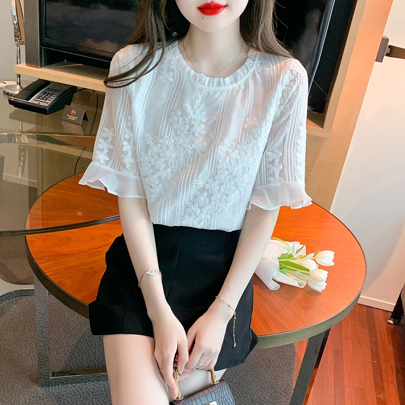 Flare Sleeve Blouse White Shirt Women Summer Sweet and Elegant Blouses Lace Chiffon Ladies Tops Clothing O-neck Shirts for Women