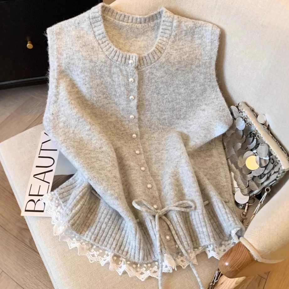 

Women Knitted Cardigan Sweaters Solid Jumpers Lace Round Neck Sleeveless Single Breasted Slight Strech Loose Casual 2026 Spring