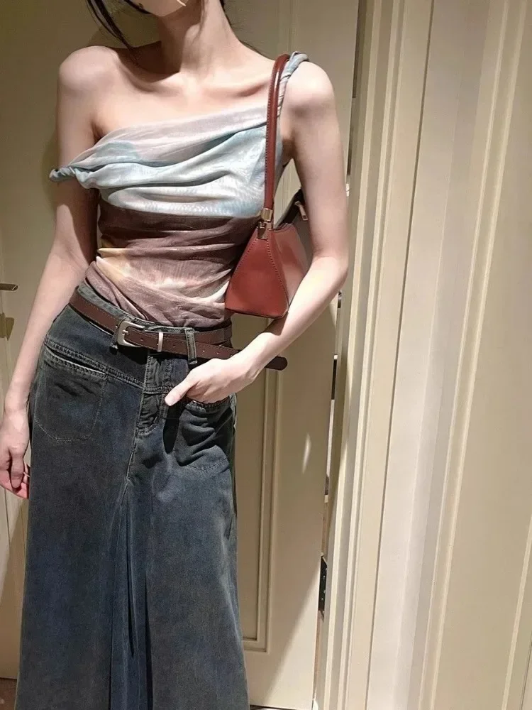 2024 Ropa Mujer Y2k Tops Fashion Summer Korean Camis Tie-dye Gauze Backless Vest Harajuku Irregular Crop Tanks Women Clothes