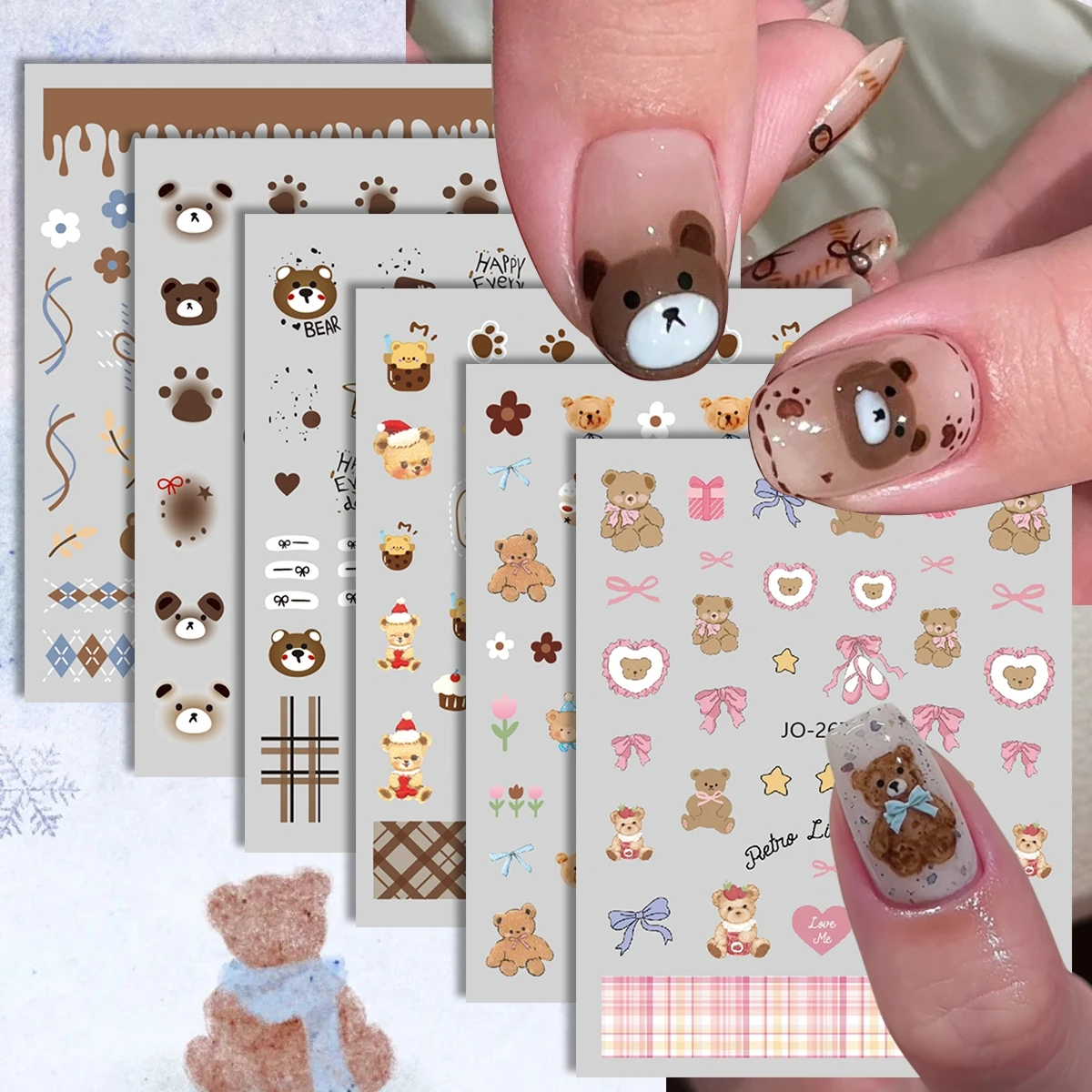 Juego de pegatinas para decoración de uñas de oso lindo de 3 a 18 hojas, calcomanías con estampado de pata y oso de peluche Kawaii 3D, decoraciones de diseño de uñas Sweet Girl