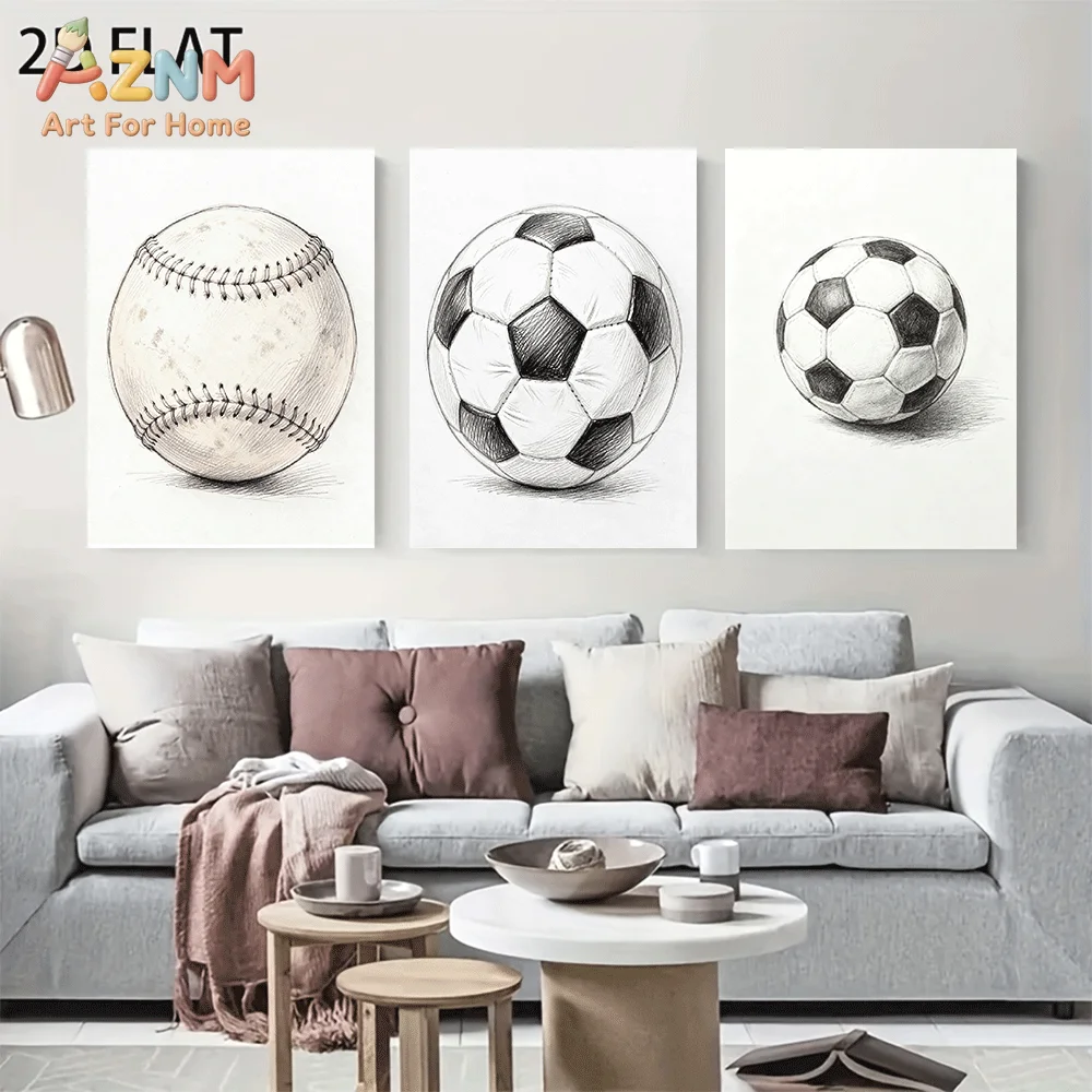 AZNM Frameless Canvas Wall Art, Pencil Sketch Baseball Soccer Ball Print, Minimalist Sports Wall Decor for Living Room Bedroom H