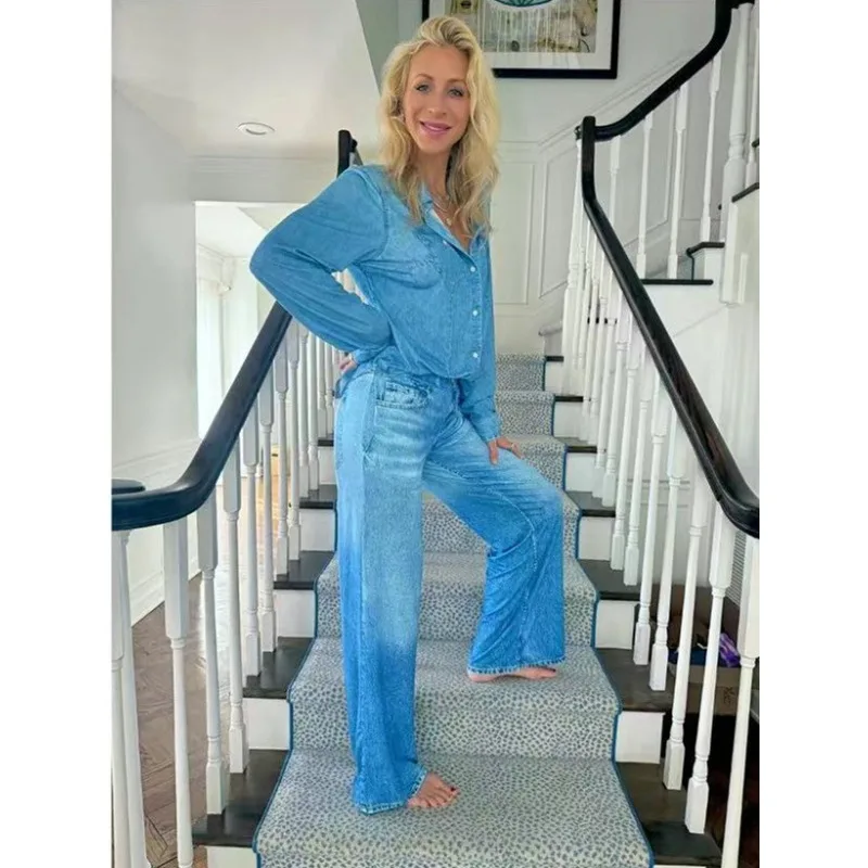 

Women Casual Street Solid Color Denim Set Elegant Single breasted Loose 2Pc Outfits Fashion Lapel Collar Shirt & Long Pant Suit