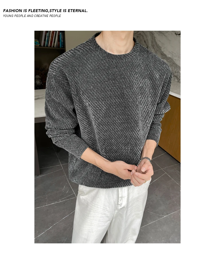 Herren-Sweatshirt mit Rundhalsausschnitt und langen Ärmeln, diagonal gestreift, Jacquard-Webung, entspannt geschnitten, oversized, für lässige Herbstoutfits. – Detail 23